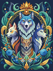 Fototapeta premium Four Wolves Encircled by Floral Ornamentation