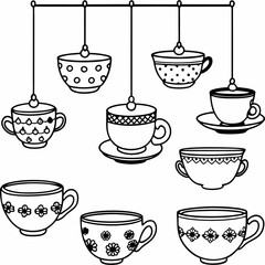 A collection of vintage teacups art vector illustration