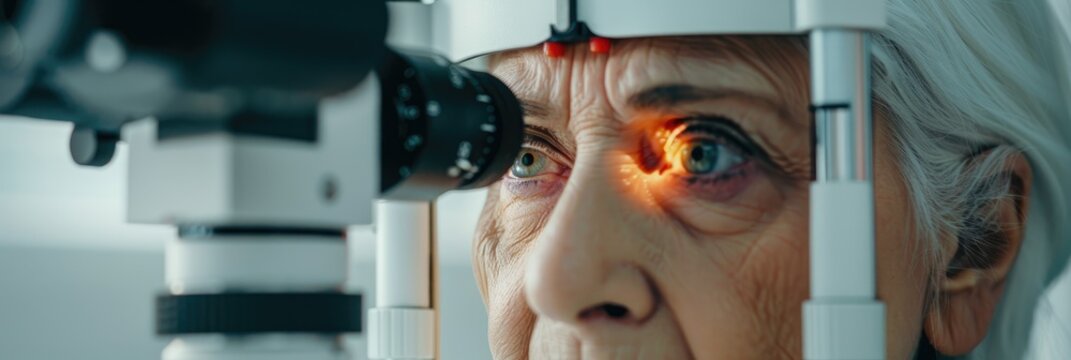 Eye examination vision and laser testing for elderly woman using equipment in optometry consultation for retina issue Senior patient with medical insurance receiving eyesight check at optic