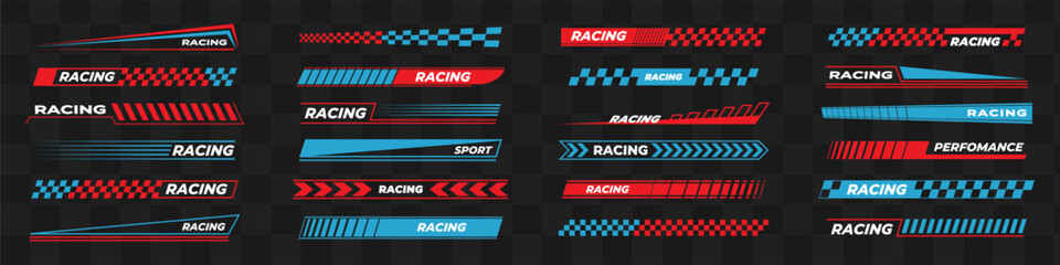 Car race stripes collection. Speed line stickers set. Sport decal elements for motorcycle. Motor racing design. Automobile decoration. Rally dynamic motion.