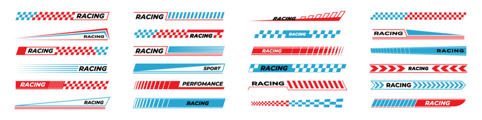 Car race stripes collection. Speed line stickers set. Sport decal elements for motorcycle. Motor racing design. Automobile decoration. Rally dynamic motion.