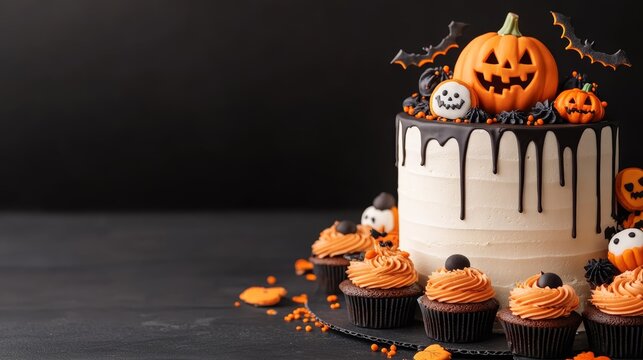 A festive Halloween-themed cake with spooky decorations, surrounded by themed cupcakes and cookies, copy space for text, high-resolution photo, realistic photo