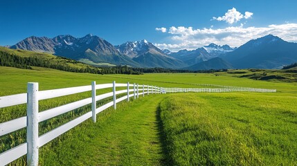 Fototapeta premium White Fence Leading to Mountain View.