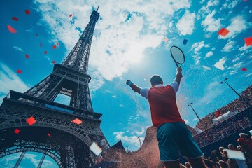 professional tennis player and Eiffel Tower in the background, olympic games, Tennis player tennis with a racket, symbolizing the Olympics victory.