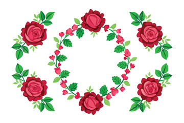 A wreath of red roses with green leaves