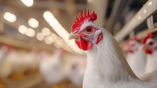 Broiler chickens in a spacious, wellventilated facility, emphasizing efficiency