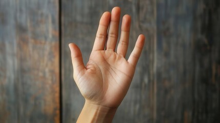 A hand with palm facing forward, fingers spread, against a rustic wooden background.