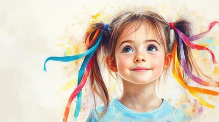 Fototapeta premium A portrait of a young girl with colorful ribbons in her hair, looking up with a happy expression.
