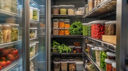 Walkin cooler stocked with fresh ingredients, emphasizing commercial kitchen supplies