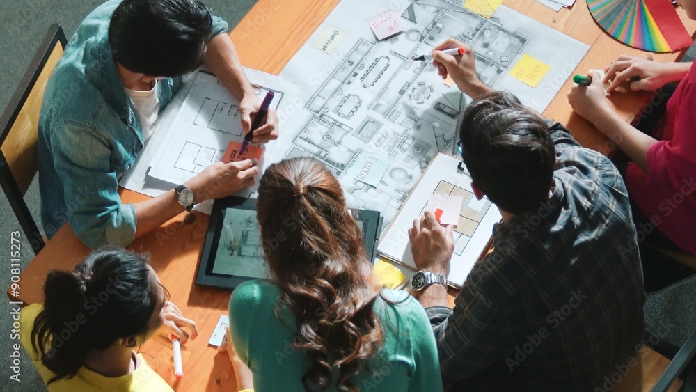 Poster professional civil engineer handed document while looking at blueprints. skilled architect team brai