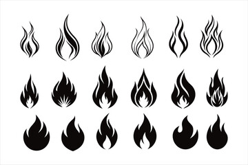 A modern vector set of black fire flame icons featuring isolated heat shapes, blazing silhouettes, bonfire, and flammable warning symbols. Perfect for logos, alerts, and signage