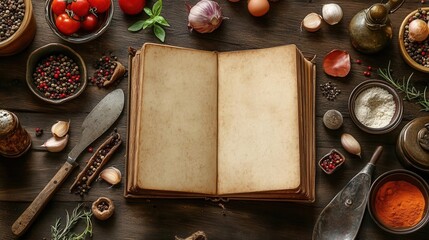 Open cookbook surrounded by various spices, herbs, and kitchen utensils on a rustic wooden table.