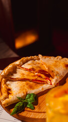 pizza on a wooden plate