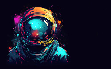 generated illustration of man wearing an astronaut suit stands in front of a dark background.