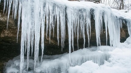 A beautiful winter scene showcasing icicles hanging from a rocky surface