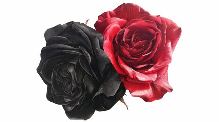 A dualcolored rose, one half bright red, other half black, realistic painting, isolated on white background