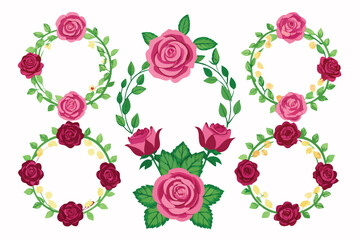 Five Circular Floral Wreaths with Pink and Burgundy Roses and Green Leaves