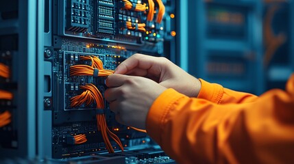 Technician Connecting Cables in Server Rack.