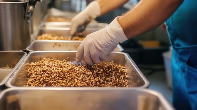 Containers of mealworms being prepared for distribution, highlighting alternative protein sources