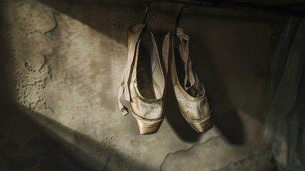 Graceful anticipation: Ballet shoes poised in dressing room