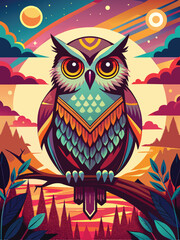 Obraz premium A Colorful Owl Perched on a Branch in a Vibrant Landscape
