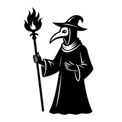 An ex libris of a plague doctor holding a wand of fire vector
