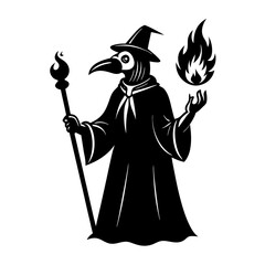 An ex libris of a plague doctor holding a wand of fire vector