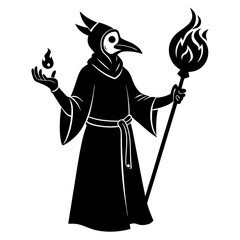 An ex libris of a plague doctor holding a wand of fire vector
