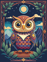 A Colorful Owl with Geometric Patterns in a Forest Night Setting