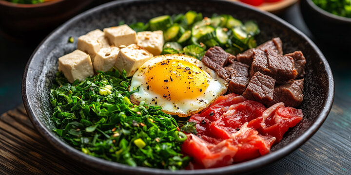 A keto diet food dish with salad, chicken, beef, tofu, tomato and eggs. Keto diet food. Classic American dish generative ai. 