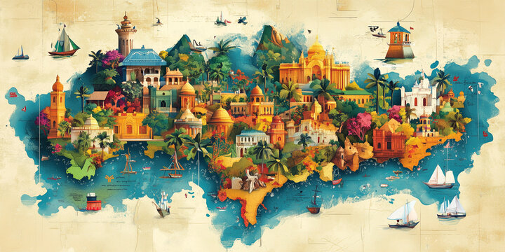 An illustration of the USA map in cartoon style with iconic detail of  each estate generative ai 