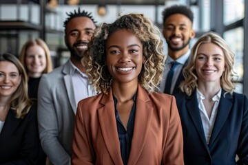 Obraz premium Diverse group of business professionals smiling and standing in modern office, Generative AI