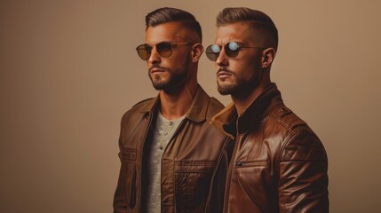 Fototapeta premium Beautiful gay couple standing in a studio, Generative AI
