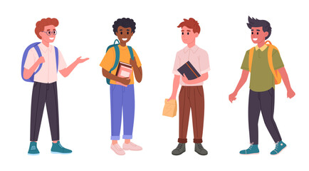 Male school students. Junior high or middle school boys with backpacks and books, happy friends going to school flat vector illustration set. Male school pupils