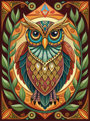 Ornate Owl with Colorful Geometric Patterns and Green Leaves
