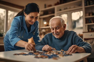 Fototapeta premium Nurse Supports Parkinson's Patient in Puzzle Therapy for Calmness