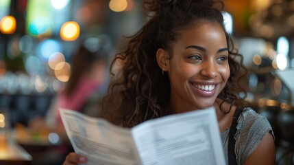 Restaurant service: Happy woman reading the menu from the waitress, Generative AI