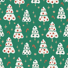 Cute white, red, green and gold Christmas tree seamless pattern. Holiday season background. Candy canes. Hand drawn illustration.