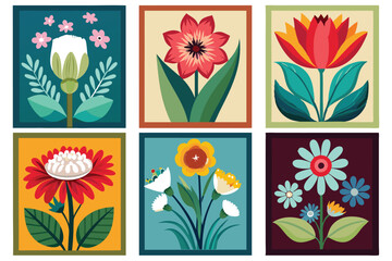 Six Framed Images of Colorful Stylized Flowers