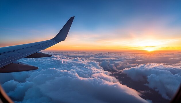 An airplane wing cutting through the clouds, with a breathtaking sunrise or sunset in the background