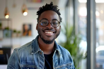 Obraz premium Happy employee smiling in modern office, wearing glasses and denim jacket, Generative AI