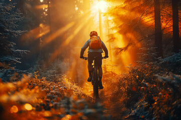 Fototapeta premium Mountain Biker is skillfully Riding Through a Beautiful Sunlit Forest Trail Surrounded by Vibrant Colors of Autumn Leaves