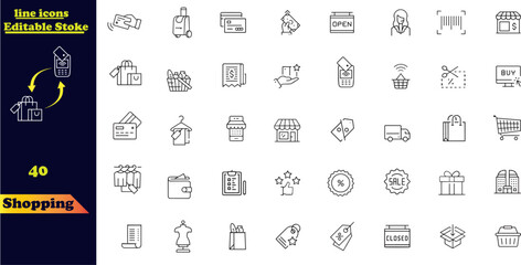 Shopping icon set. Online shopping, store, delivery, promotion and shopping cart symbol.