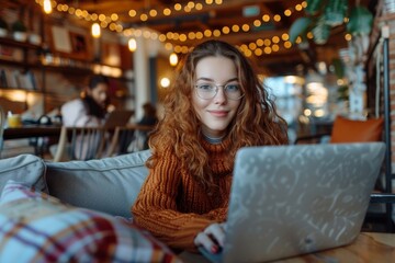 Obraz premium Happy businesswoman working remotely on laptop in a cozy cafe, Generative AI