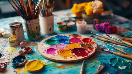 A table topped with lots of paint and brushes