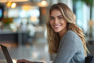 Cheerful young businesswoman using a laptop in a lobby, Generative AI