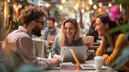 Group of remote workers brainstorming with a laptop in a coffee shop, Generative AI
