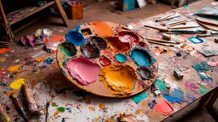 Fototapeta premium A wooden palette of paint on a table covered in paintbrushes