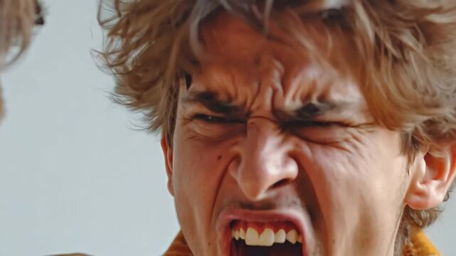 Anger-filled man is combative, yanking the young man by the shirt, yelling, and threatening him. 