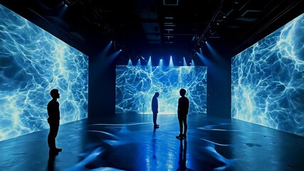 A group of young adults, likely in their 20s, stand in a dark room with blue digital art displayed on the walls. The immersive installation features abstract, lightning-like patterns, creating a